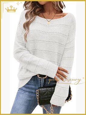 Boat Neck Long Sleeve Oversized Pullover Crochet Knit Sweater